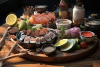 The Aesthetics of Japanese Cuisine. Sushi. Rice with Vinegar Seasoning. Various Seafood ...